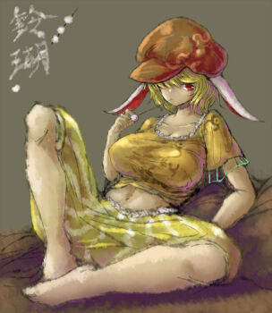 2b-ge alternate_breast_size_(larger) animal_ears barefoot blonde_hair breasts brown_hat character_name chinese_commentary dango eating food hat highres large_breasts midriff newsboy_cap one-hour_drawing_challenge orange_shirt rabbit_ears rabbit_girl red_eyes ringo_(touhou) shirt short_hair short_sleeves sitting skirt touhou wagashi yellow_skirt