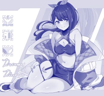 1girl bare_shoulders freedom_xdrive greyscale gridman_universe jacket monochrome navel shorts sitting smile ssss.gridman takarada_rikka thick_thighs thigh_strap thighs