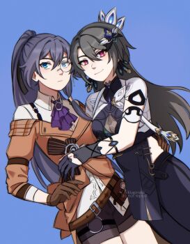2girls alternate_eyewear ascot bird_hair_ornament blue_eyes blue_hair bow brown_gloves brown_hair brown_jacket brown_sleeves closed_mouth detective fu_hua fu_hua_(hawk_of_the_fog) fu_hua_(valkyrie_accipiter) gloves gradient_bow grey_hair hair_between_eyes hair_ornament half_gloves high_ponytail highres honkai_(series) honkai_impact_3rd jacket kairusha long_hair magnifying_glass monocle multiple_girls open_hand ponytail purple_ascot red_eyes single_half_glove single_sleeve vita_(honkai_impact) vita_(lone_planetfarer)_(honkai_impact) waist_cutout