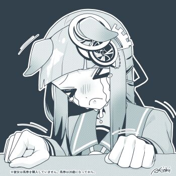 &gt;_&lt; 1girl a4_(a4_eishi) absurdres animal_ears blunt_bangs chrono_genesis_(umamusume) commentary_request crying earrings ears_down highres horse_ears horse_girl jewelry long_sleeves monochrome motion_lines school_uniform sidelocks signature solo streaming_tears tears tracen_school_uniform umamusume upper_body winter_uniform