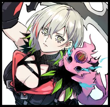 1girl black_shirt breasts diabellstar_the_black_witch duel_monster green_hair grey_eyes grey_hair highres holding holding_sword holding_weapon large_breasts red_hair shikiruru shirt short_hair sword weapon yu-gi-oh!