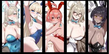 5girls absurdres ahoge akane_(blue_archive) akane_(bunny)_(blue_archive) animal_ear_hairband animal_ears asuna_(blue_archive) asuna_(bunny)_(blue_archive) bandaid bandaid_on_knee bandaid_on_leg bare_shoulders black_hair black_halo black_leotard blonde_hair blue_archive blue_bow blue_bowtie blue_eyes blue_halo blue_leotard blunt_bangs blush bow bowtie braid breasts brown_hair brown_halo brown_shawl cleaning_&amp;_clearing_(blue_archive) cleavage collarbone covered_navel crossed_legs dark-skinned_female dark_skin detached_collar fake_animal_ears fake_tail fishnet_pantyhose fishnets glasses gloves gradient_hair grin hair_between_eyes hair_over_one_eye hairband halo hci+ highleg highleg_leotard highres huge_ahoge karin_(blue_archive) karin_(bunny)_(blue_archive) large_breasts leotard long_hair looking_at_viewer medium_breasts mole mole_on_breast multicolored_hair multiple_girls neru_(blue_archive) neru_(bunny)_(blue_archive) orange_hair pantyhose parted_lips playboy_bunny ponytail purple_hair purple_halo rabbit_ear_hairband rabbit_ears rabbit_tail red_eyes red_leotard round_eyewear shawl short_hair single_braid small_breasts smile strapless strapless_leotard tail thighhighs toki_(blue_archive) toki_(bunny)_(blue_archive) very_long_hair white_gloves white_leotard white_pantyhose white_thighhighs wrist_cuffs yellow_eyes