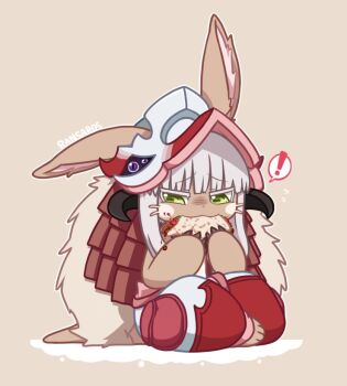 ! 1other animal_ears artist_name body_fur brown_background brown_fur claws colored_eyelashes commentary ears_through_headwear eating english_commentary fake_horns food furry gamugun_(ransaros) green_eyes helmet holding holding_food horned_helmet horns long_hair looking_to_the_side made_in_abyss nanachi_(made_in_abyss) narehate other_focus outline pants puffy_pants red_pants sitting solo speech_bubble spoken_exclamation_mark taco topless_other whiskers white_hair white_outline