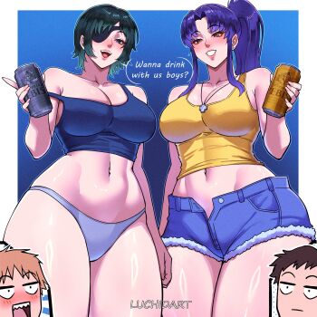 2boys 2girls absurdres beer_can black_hair breasts brown_hair can chainsaw_man cleavage crop_top crossover denim denim_shorts denji_(chainsaw_man) drink_can english_text eyepatch film_grain grin highres himeno_(chainsaw_man) holding holding_can ikari_shinji katsuragi_misato large_breasts looking_at_another looking_at_viewer luchidart multiple_boys multiple_girls naughty_face navel neon_genesis_evangelion open_fly panties purple_hair sharp_teeth shiny_skin short_shorts shorts smile strap_slip tank_top teeth thong tight_clothes trait_connection unbuttoned underwear wide_hips