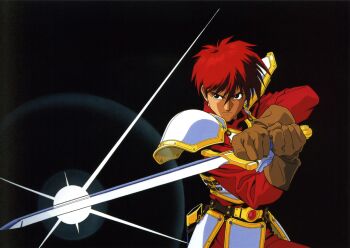 1990s_(style) 1boy adol_christin armor black_background black_eyes brown_gloves cuirass faulds gloves highres holding holding_sword holding_weapon houtani_yukitoshi long_sleeves non-web_source official_art pauldrons red_hair retro_artstyle scabbard scan serious sheath short_hair shoulder_armor simple_background solo sword two-handed weapon ys ys_iv_dawn_of_ys