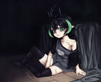 1girl absurdres ahoge bandaid bandaid_on_chest bandaid_on_finger bandaid_on_hand bandaid_on_thigh black_hair black_shirt black_socks bottomless clavicles elfinpsyop green_eyes green_hair highres horns indie_virtual_youtuber loli long_hair looking_to_the_side loose_clothes loose_shirt mechanical_horns neck pointy_ears seori091 shirt sitting socks solo virtual_youtuber