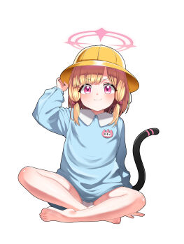 1girl alternate_costume arm_support arm_up bare_legs barefoot blonde_hair blue_archive blue_shirt blush bow cat_tail closed_mouth feet full_body hair_bow halo hand_on_headwear hat hxseung03 indian_style kindergarten_uniform legs loli long_sleeves looking_at_viewer low-tied_sidelocks momoi_(blue_archive) name_tag panties pantyshot pink_eyes pink_halo school_hat shirt short_hair sidelocks simple_background sitting smile solo tail toes underwear v-shaped_eyebrows white_background white_panties