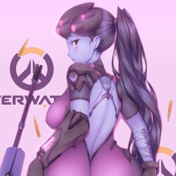 1girl absurdres ammunition armor ass back back_cutout back_tattoo black_gloves blush body_writing bodysuit bracer breasts closed_mouth clothing_cutout colored_skin copyright_name covered_erect_nipples earrings emblem female_focus from_behind gauntlets gloves gun hair_ornament hair_tie hands_on_ass hands_on_own_hips head-mounted_display highres hitomilook jewelry large_breasts lips lipstick logo long_hair looking_at_viewer looking_back makeup overwatch overwatch_1 pauldrons ponytail purple_hair purple_lips purple_skin rifle shells short_sleeves shoulder_armor shoulder_pads skin_tight sniper_rifle solo spider_tattoo stud_earrings tattoo turtleneck upper_body visor weapon widowmaker_(overwatch) yellow_eyes