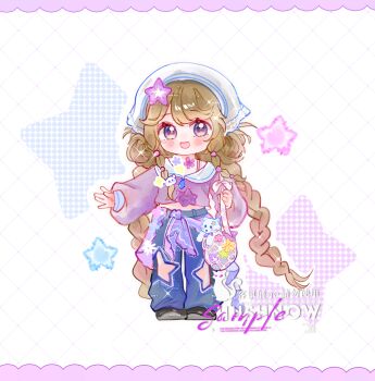 1girl absurdly_long_hair absurdres argyle_background bag baggy_pants black_shoes blue_pants border bra_strap brown_hair chibi chinese_commentary clothing_cutout collared_shirt commentary_request commission denim eyelashes frilled_headwear hair_bobbles hair_ornament happy headscarf highres holding holding_bag infinity_nikki jeans jinwanhuimengjiankaoyuma leg_cutout letterboxed light_blush long_hair long_sleeves looking_at_viewer low_twintails midriff nikki_(series) open_mouth outline outstretched_arm pants parted_bangs puffy_long_sleeves puffy_sleeves purple_bag purple_border purple_eyes purple_ribbon purple_shirt ribbon sailor_collar sample_watermark see-through_clothes see-through_headwear shirt shoes shoulder_bag smile solo sparkle standing star_(symbol) star_cutout star_hair_ornament stuffed_animal stuffed_cat stuffed_toy stylist_(nikki) swept_bangs tareme teeth twintails upper_teeth_only very_long_hair waist_ribbon watermark white_background white_headscarf white_outline white_sailor_collar