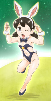 1girl ;d absurdres animal_ears arms_up bare_legs bare_shoulders black_eyes black_hair bow bowtie breasts bunny_girl cleavage cosplay covered_erect_nipples detached_collar doraemon fake_animal_ears female_focus fujiko_f_fujio_(copyright) groin hands_up highleg highleg_leotard highres legs leotard loli looking_at_viewer midriff minamoto_shizuka moon navel one_eye_closed open_mouth rabbit_ears rabbit_tail sahara_wataru shin-ei_animation short_hair short_twintails small_breasts smile solo space star star_(sky) tail thighs twintails wink wrist_cuffs