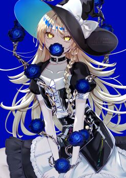 1girl 22_zefar absurdres alternate_costume black_choker black_dress blonde_hair blue_background blue_flower blue_rose bow braid choker collarbone commentary dress flower flower_in_mouth frilled_choker frills hair_bow hat hat_bow highres kirisame_marisa long_hair looking_at_viewer mouth_hold plant puffy_short_sleeves puffy_sleeves rose short_sleeves side_braid simple_background single_braid solo symbol-only_commentary thorns touhou very_long_hair vines watermark white_bow witch_hat yellow_eyes
