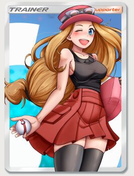 1girl absurdres bare_arms black_shirt black_thighhighs blue_eyes blush border breasts brown_hair card_(medium) collarbone collared_shirt commentary dilan_griz english_commentary eyewear_on_headwear hat highres holding holding_poke_ball large_breasts long_hair looking_at_viewer nintendo one_eye_closed open_mouth pink_bag pink_hat poke_ball pokemon pokemon_xy premier_ball red_skirt serena_(pokemon) shirt skirt sleeveless sleeveless_shirt smile solo sunglasses thighhighs trading_card white-framed_eyewear white_border zettai_ryouiki