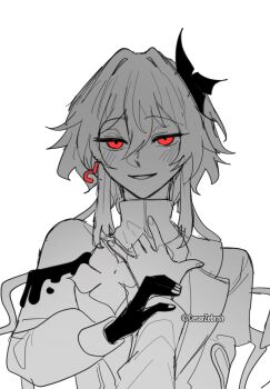 2girls artist_name blush cesar_zebrah clothing_cutout commentary dual_persona earrings empty_eyes english_commentary evernight_(honkai:_star_rail) fingernails flower flower_ornament gloves greyscale hair_between_eyes hair_flower hair_ornament hairclip half-closed_eyes hand_on_another&#039;s_chest hand_up highres holding_another&#039;s_wrist honkai:_star_rail honkai_(series) jewelry lapels long_hair long_sleeves looking_at_viewer low_twintails march_7th_(honkai:_star_rail) march_7th_(preservation)_(honkai:_star_rail) monochrome multiple_girls official_alternate_costume official_alternate_hairstyle open_mouth puffy_long_sleeves puffy_sleeves red_eyes selfcest shirt shoulder_cutout simple_background single_bare_shoulder single_earring smile solo_focus twintails upper_body watermark wavy_hair yuri