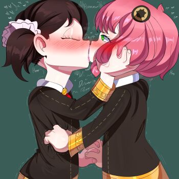 2girls absurdres anya_(spy_x_family) aqua_background becky_blackbell blush brown_hair closed_eyes clothes_grab english_text eyelashes female_focus french_kiss green_eyes hairpods hand_on_another's_cheek hand_on_another's_face heart heart-shaped_pupils highres holding_hands interlocked_fingers kiss kiss_focus kodomo_doushi loli long_sleeves multiple_girls pink_hair profile school_uniform shirt_grab short_hair short_twintails sound_effects source_request spy_x_family symbol-shaped_pupils tayuri trembling twintails yuri