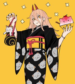 1girl animal animal_print bag black_kimono blush_stickers cat cat_print chainsaw_man commentary cross-shaped_pupils demon_girl demon_horns earrings english_commentary food hair_between_eyes highres holding holding_bag horns japanese_clothes jewelry kimono long_hair looking_at_viewer meowy_(chainsaw_man) obi pink_hair power_(chainsaw_man) print_kimono sailen0 sash shaved_ice simple_background smile standing stud_earrings symbol-shaped_pupils wide_sleeves yellow_background yellow_sash