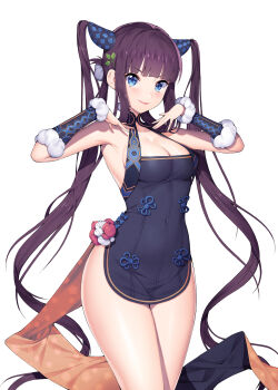 1girl absurdres armpits bad_id bad_pixiv_id black_dress blue_eyes blunt_bangs breasts china_dress chinese_clothes cleavage closed_mouth dress fate/grand_order fate_(series) female_focus hair_ornament highres leaf_hair_ornament lemonpear lips long_hair looking_at_viewer medium_breasts purple_hair simple_background smile solo twintails very_long_hair white_background yang_guifei_(fate) yang_guifei_(second_ascension)_(fate)