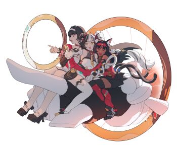 >_< 3girls absurdres ahoge animal_ear_fluff animal_ears aragiken astra_yao barcode barcode_tattoo bare_shoulders bell black_hair black_shoes braid braided_twintails breasts cable cable_tail cat_ears cat_girl cat_tail chakram china_dress chinese_clothes cleavage closed_eyes commentary corset detached_sleeves dialyn_(zenless_zone_zero) double_bun dress english_commentary facial_mark forehead_mark forehead_tattoo full_body giant_hand hair_bun hair_extensions hair_ornament hairband highres jewelry large_breasts long_hair mechanical_tail multicolored_hair multiple_girls multiple_tails neck_bell necklace necktie nekomiya_mana open_mouth panda_hair_ornament pearl_necklace pointing red_corset red_eyes red_hairband red_shrug red_sleeves ring_hair_extensions shoes shrug_(clothing) simple_background split-color_hair tail tattoo thighhighs triangle triangle_facial_mark two_tails weapon white_background white_dress white_hair white_hairband white_thighhighs yellow_eyes yellow_necktie zenless_zone_zero