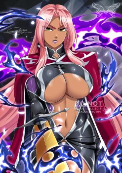 1girl artist_logo artist_name breasts cape dark-skinned_female dark_skin fire highres holding holding_sword holding_weapon ingrid_(taimanin_asagi) lipstick logo looking_at_viewer makeup navel pink_hair purple_lips red_cape remchi301 signature simple_background solo sword taimanin_(series) taimanin_asagi underboob weapon yellow_eyes