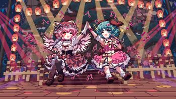 2girls adapted_costume alternate_costume animal_ears bird bird_ears bird_wings black_dress black_ribbon black_shoes black_thighhighs bow breasts brown_bow brown_shoes cherry_blossoms choker cleavage detached_sleeves dress game_cg gloves hair_bow holding holding_microphone idol kasodani_kyouko kumio lantern layered_dress loafers medium_hair microphone multicolored_ribbon multiple_girls musical_note mystia_lorelei navel night night_sky orange_eyes paper_lantern pink_bow pink_hair pink_shirt pink_skirt pink_wrist_cuffs pixel_art puffy_short_sleeves puffy_sleeves ribbon shirt shoes short_sleeves skirt sky socks sparrow stage stage_lights star_(sky) starry_sky thighhighs third-party_source touhou touhou_mystia&#039;s_izakaya tree white_choker white_gloves white_sleeves white_socks winged_hat winged_shoes wings wrist_cuffs yellow_ribbon