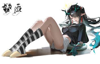 1girl absurdres arknights black_hair black_shirt chinese_commentary commentary_request covered_erect_nipples dusk_(arknights) earrings fang gradient_skin highres jewelry kneehighs ligod long_hair midriff navel open_mouth pointy_ears ponytail shirt shorts sidelocks sitting skin_fang slippers socks solo tassel tassel_earrings white_shorts