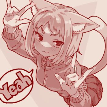 Rule 34 | 1girl, :3, \m/, animal ear fluff, animal ears, badluck2033, cat ears, cat girl, cat tail, commentary, english commentary, english text, jacket, looking at viewer, lowres, monochrome, oekaki, original, pink theme, pleated skirt, skirt, solo, speech bubble, tail, v-shaped eyebrows, zipper pull tab