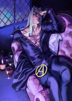 1boy absurdres alcohol bottle coat collarbone commentary cup drinking_glass english_commentary flexing grey_hair highres jacket jojo_no_kimyou_na_bouken leone_abbacchio long_coat long_hair long_sleeves looking_at_viewer makeup male_focus multicolored_jacket pants parted_lips pectoral_cleavage pectorals plunging_neckline purple_coat purple_eyes purple_lips purple_pants solo toned toned_male two-tone_jacket upper_body vento_aureo white_hair wine wine_bottle wine_glass yahidna yellow_eyes