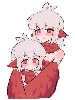 antenna_hair bare_shoulders black_souls black_souls_2 blush closed_mouth dot_nose goose_(black_souls) grey_hair half-harpy highres hug hug_from_behind looking_at_viewer m8n8xide medium_hair red_eyes red_wings short_hair smile white_background white_hair wing_ears wings