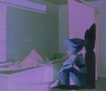 2girls blue_hair blue_skin colored_skin commentary english_commentary forehead_jewel gem_(steven_universe) green_skin lajurcookie lapis_lazuli_(steven_universe) multiple_girls peridot_(steven_universe) short_hair steven_universe triangle-shaped_hair