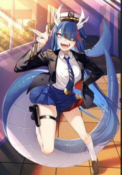 1girl :d black_jacket black_sclera blue_eyes blue_hair blue_necktie blue_skirt cluseller colored_sclera commentary_request dragon_horns epaulettes fingernails fins fish_tail full_body gun hair_over_one_eye hat holster horns indie_virtual_youtuber indoors jacket loafers long_fingernails long_hair looking_at_viewer mismatched_sclera multicolored_hair necktie open_mouth red_hair sailor_hat shark_tail sharp_fingernails sharp_teeth shirt shoes skirt slit_pupils smile solo standing standing_on_one_leg streaked_hair tail teeth thigh_holster two-tone_hair very_long_hair weapon white_shirt