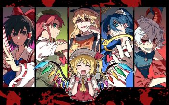 Rule 34 | 6+girls, :d, ascot, between fingers, black background, black hat, blonde hair, blood, blood splatter, blue ascot, blue dress, blue eyes, blue hair, blue ribbon, blush, bow, braid, brown hair, buttons, chain, clenched hand, closed eyes, collar, collarbone, collared shirt, column lineup, commentary request, crystal wings, cuffs, detached sleeves, dress, earrings, fangs, flandre scarlet, frilled hair tubes, frilled wrist cuffs, frills, frown, gloves, goat horns, green eyes, green hat, green vest, grin, hair ornament, hair ribbon, hair tubes, hakurei reimu, hand on own face, handcuffs, hat, heart, holding, hong meiling, horizontal pupils, horn ornament, horn ribbon, horns, jewelry, long hair, matara okina, medium hair, menacing, miyadeguchi mizuchi, mob cap, multicolored wings, multiple girls, ofuda, ofuda between fingers, open mouth, orange eyes, orange tabard, ponytail, puffy short sleeves, puffy sleeves, re ghotion, red bow, red eyes, red hair, red ribbon, red shirt, red vest, ribbon, ribbon-trimmed collar, ribbon trim, sharp teeth, shirt, short sleeves, skull hair ornament, smile, tabard, teeth, touhou, toutetsu yuuma, twin braids, vest, white collar, white gloves, white hat, white shirt, wings, wrist cuffs, yellow ascot