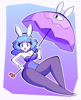 Rule 34 | 1girl, absurdres, animal ears, blue eyes, blue hair, blush stickers, bow, bowtie, breasts, cleavage, covered navel, curvy, detached sleeves, eyebrows hidden by hair, eyelashes, fake animal ears, heterochromia, highres, holding, holding umbrella, karakasa obake, large breasts, long hair, looking at viewer, open mouth, pantyhose, rabbit ears, red eyes, simple background, smile, solid oval eyes, tatara kogasa, thick thighs, thighs, touhou, umbrella, wide hips, woah maaan, wrist cuffs