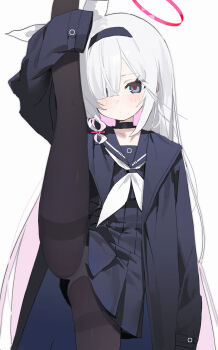 1girl black_choker black_coat black_eyes black_hairband black_pantyhose black_sailor_collar black_serafuku black_shirt black_skirt blue_archive blush bow braid choker closed_mouth coat colored_inner_hair cowboy_shot dot_mouth dot_nose hair_between_eyes hair_bow hair_over_one_eye hair_ribbon hairband halo highres holding_own_leg leg_up loli long_hair long_sleeves looking_at_viewer measho miniskirt multicolored_hair neckerchief one_eye_covered open_clothes open_coat panties panties_under_pantyhose pantyhose pink_hair plana_(blue_archive) pleated_skirt red_halo red_pupils ribbon sailor_collar sailor_shirt school_uniform serafuku shirt side_braid simple_background single_braid skirt sleeves_past_fingers sleeves_past_wrists solo split standing standing_on_one_leg standing_split thighband_pantyhose two-tone_hair underwear very_long_hair white_background white_bow white_hair white_neckerchief white_panties