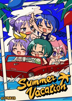 :3 absurdres ahoge amphicar balloon bikini blue_eyes blue_hair blush braid breasts cleavage closed_eyes cloud cloudy_sky cousins double_bun bad_tag green_bikini green_hair hair_bun hair_ribbon happy highres index_finger_raised izane23 long_hair lucky_star ocean palm_tree pink_hair polka_dot polka_dot_bikini purple_bikini purple_eyes purple_hair ribbon school_swimsuit siblings single_braid sisters sky summer swimsuit tree twins twitter_username white_bikini yellow_ribbon