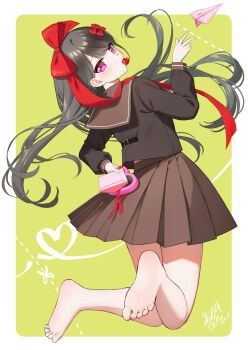 Rule 34 | 1girl, arm behind back, asuka gin, bare legs, barefoot, black hair, black shirt, blush, border, bow, brown sailor collar, brown skirt, feet, from behind, full body, gift, green background, hair bow, hand up, highres, holding, knees together feet apart, legs, long hair, looking at viewer, mouth hold, original, paper airplane, pink eyes, pleated skirt, red bow, red ribbon, ribbon, sailor collar, school uniform, shadow, shirt, signature, simple background, skirt, soles, solo, toes, very long hair, white border
