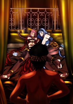 2girls absurdres alternate_costume alternate_hairstyle aphrodisiac arms_behind_back ass bdsm bed bedroom black_panties blue_hair blush bondage bottle bound bound_wrists breasts brown_eyes captured cosplay dancer dorothea_arnault_(plegian)_(cosplay) earrings female_focus fire_emblem fire_emblem:_three_houses fire_emblem_heroes fire_emblem_warriors:_three_hopes gag gagged gluteal_fold hair_between_eyes hairband harem harem_outfit highres hilda_valentine_goneril imminent_rape indoors jewelry kidnapped kidnapped_girl kou_(spad7u59) large_breasts legs long_hair lying marianne_von_edmund medium_breasts medium_hair midriff multiple_girls nintendo nipples official_alternate_hairstyle on_back on_bed paid_reward_available panties pantyhose pelvic_curtain pillow pink_eyes pink_hair ponytail restrained shahid_(fire_emblem) slave spread_eagle_position spread_legs stationary_restraints stirrup_legwear sweat toeless_legwear torn_clothes underwear