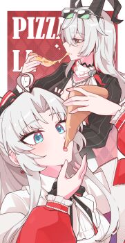 2girls ahoge aqua_eyes black_eyes black_horns black_jacket border breasts carlotta_(wuthering_waves) cheese cheese_trail commentary_request curled_horns earrings eating eyewear_on_head food grey_hair hand_up hands_up highres holding holding_food holding_pizza horns jacket jewelry long_hair medium_breasts multicolored_eyes multiple_girls off_shoulder parted_bangs pizza pizza-la red_eyes red_jacket shirt sidelocks starblame sunglasses two-tone_eyes white_border white_shirt wuthering_waves zani_(wuthering_waves)