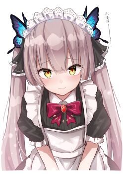 Rule 34 | 1girl, 3:, absurdres, apron, blunt bangs, blunt ends, blush, bow, bowtie, brooch, brown hair, butterfly hair ornament, closed mouth, commentary, cowboy shot, eyelashes, frilled sleeves, frills, frown, furrowed brow, hair ornament, heaven burns red, highres, hime cut, jewelry, long hair, maid, maid apron, maid headdress, official alternate costume, ogasawara hisame, ogasawara hisame (angelic genius swordswoman), puffy short sleeves, puffy sleeves, red bow, red bowtie, red pupils, ribbon, rrtp, short sleeves, sidelocks, simple background, slit pupils, solo, split mouth, straight-on, straight hair, translated, twintails, upper body, very long hair, white background, white hair, yellow eyes