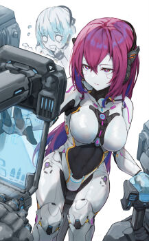 2girls absurdres android blank_eyes blue_eyes blue_hair bright_pupils colored_inner_hair feet_out_of_frame fingerless_gloves gloves hand_to_own_mouth headgear highres joints long_hair machine machinery multicolored_eyes multicolored_hair multiple_girls navel nervous nude orange_eyes original purple_eyes purple_hair robot_joints taiu white_background white_pupils