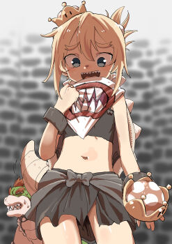 1boy 1girl :d absurdres black_choker black_sarong blonde_hair blue_eyes blurry blurry_background blush bow bowser bowsette_jr. bracelet breasts brick_wall chan_seong choker commentary_request cowboy_shot crown depth_of_field eyes_visible_through_hair grey_theme hair_between_eyes high_ponytail highres holding holding_crown jewelry looking_at_another looking_at_viewer looking_down mario_(series) mini_crown navel nintendo open_mouth ponytail raised_eyebrows red_hair sarong sharp_teeth small_breasts smile solo_focus spiked_bracelet spiked_choker spiked_shell spikes super_crown sweat tail tail_wagging teeth thick_eyebrows tight_clothes turtle_shell upper_teeth_only waist_bow