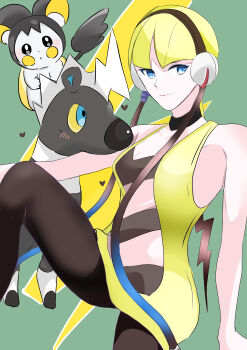 1girl absurdres bare_arms bare_shoulders black_fur blitzle blonde_hair blue_eyes blunt_bangs blush_stickers breasts collarbone commentary_request dress edgw3455 elesa_(pokemon) emolga flying_squirrel gen_5_pokemon headphones highres medium_breasts nintendo pokemon pokemon_(creature) pokemon_bw short_hair sketch sleeveless solo_focus squirrel two-tone_fur white_fur yellow_dress zebra