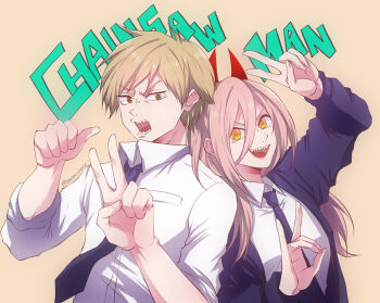 Rule 34 | 1boy, 1girl, :d, black necktie, blonde hair, chainsaw man, commentary, copyright name, denji (chainsaw man), english commentary, enjelicious, fox shadow puppet, hair between eyes, horns, long hair, long hair between eyes, necktie, open mouth, pale skin, pink hair, power (chainsaw man), red horns, sharp teeth, smile, teeth, thumbs up, twitter username, upper body, v, v-shaped eyebrows, yellow eyes