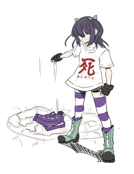 1girl black_gloves boots clenched_hand clothes_writing crater dropping female_focus fingerless_gloves glasses gloves green_boots heavy purple_hair round_eyewear serious shin_subarashiki_kono_sekai shirt spaghetto087 striped_clothes striped_thighhighs subarashiki_kono_sekai thighhighs usui_nagi weighted_clothes white_shirt
