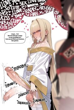 2boys absurdres afterimage bare_shoulders blonde_hair blue_eyes blurry blurry_foreground blush brown_hair clothes_lift commentary cum demon_king_(in) dress dress_lift english_text erection garter_straps heart heavy_breathing highres horns huge_penis in_(ain) korean_commentary long_hair looking_at_another male_focus multiple_boys nose_blush off-shoulder_dress off_shoulder original penis red_horns simple_background solo_focus sound_effects speech_bubble standing sweat testicles thighhighs thought_bubble veins veiny_penis very_long_hair white_background white_dress white_thighhighs