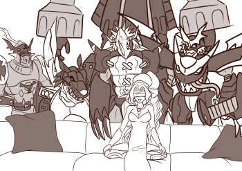 absurdres blacksaintgalgomon blackwargreymon blindfold breasts chaosdukemon digimon digimon_(creature) digital_hazard happy highres imperialdramon imperialdramon_fighter_mode_(black) meme metalgarurumon_(black) piper_perri_surrounded_(meme) smile venusmon