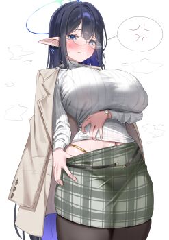 1girl absurdres anger_vein black_hair blue_archive blue_eyeliner blue_halo blush breasts coat coat_on_shoulders colored_inner_hair commentary_request eyeliner halo highres huge_breasts long_hair makeup multicolored_hair navel_peek panties plaid_clothes plaid_skirt pointy_ears rimless_eyewear rin_(blue_archive) rin_(casual)_(blue_archive) skirt skirt_tug solo spoken_anger_vein string_panties sweat sweater turtleneck turtleneck_sweater underwear wfa5051 white_background white_sweater