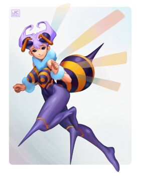 1girl 2023 abdomen_tail antennae arthropod_girl bee_girl black_eyes breasts covered_navel darkstalkers extra_eyes flapping flying full_body fur_collar fur_wrist_cuffs furrowed_brow hands_up highleg highleg_leotard highres insect_girl insect_wings knee_spikes large_breasts leotard looking_at_viewer multiple_girls overlord_jc purple_hair q-bee redrawn short_hair smile solid_eyes solo stinger wing_flapping wings wrist_cuffs
