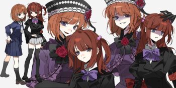 2girls armband artist_request black_gloves black_hat black_jacket black_shoes black_socks black_thighhighs blue_eyes blue_serafuku blue_shirt blue_skirt bow bowtie brown_shoes capelet chinese_commentary collared_shirt commentary_request dress elbow_gloves eva_beatrice flower frilled_capelet frilled_sleeves frills gloves grey_skirt grin hair_bobbles hair_ornament hand_on_another's_head hand_on_own_hip hat hat_flower highres jacket kneehighs lapels loafers long_hair medium_hair miniskirt multiple_girls multiple_views neckerchief notched_lapels open_mouth orange_hair pleated_skirt purple_bow purple_bowtie purple_capelet purple_dress purple_eyes red_armband red_bow red_flower red_hair red_rose rose sailor_collar school_uniform second-party_source serafuku shaded_face shirt shoes simple_background skirt smile socks thighhighs two_side_up umineko_no_naku_koro_ni ushiromiya_ange variant_set white_background white_neckerchief white_sailor_collar white_shirt wide_sleeves wing_collar zettai_ryouiki