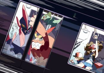 1boy 1girl absurdres axew bag baseball_cap battle battle_subway blue_eyes brown_eyes brown_hair darmanitan darmanitan_(standard) denim denim_shorts gen_5_pokemon gigalith hat highres hilbert_(pokemon) hilda_(pokemon) long_hair nintendo official_art oomura_yuusuke pokemon pokemon_(creature) pokemon_bw ponytail satchel shorts subway third-party_source train train_interior