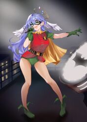 Rule 34 | 1girl, :d, absurdres, bare legs, batman (series), batman symbol, belt, black belt, breasts, cape, commentary, cosplay, dc comics, eyemask, full body, gloves, green eyes, green footwear, green gloves, green shirt, head wings, highres, holding, holding microphone, honkai: star rail, honkai (series), leatzche, long hair, looking at viewer, medium breasts, microphone, name connection, open mouth, purple hair, red shirt, robin (dc), robin (dc) (cosplay), robin (honkai: star rail), shirt, shoes, short sleeves, smile, solo, standing, thighs, very long hair, wings, yellow cape