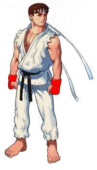 1990s_(style) 1boy absurdres arms_at_sides barefoot bengus brown_eyes brown_hair dougi fingerless_gloves full_body game_cg gloves headband highres looking_to_the_side male_focus martial_arts_belt marvel_vs._capcom mma_gloves muscular muscular_male non-web_source official_art parted_lips pectorals retro_artstyle ryu_(street_fighter) simple_background solo standing street_fighter teeth toes torn_clothes torn_sleeves white_background white_headband x-men_vs._street_fighter